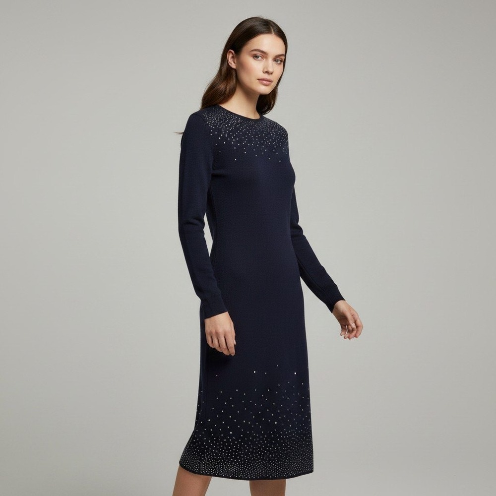 COS Navy Blue Pointelle Perforated Cotton Blend Long Sleeve Sweater Dress Small